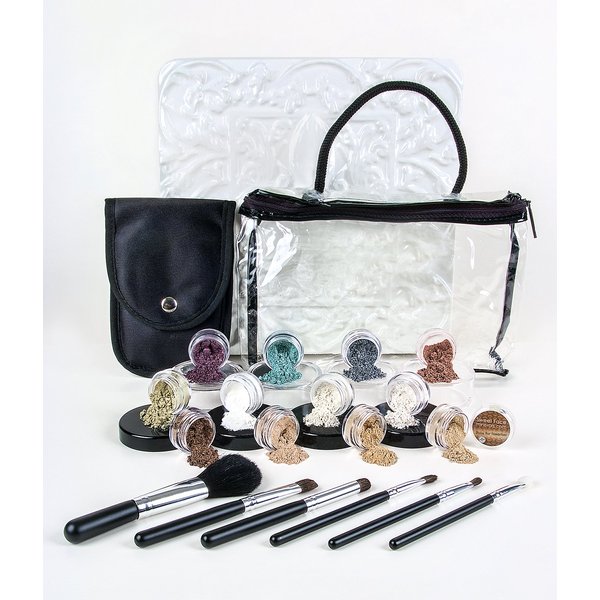 20pc STARTER KIT w/BRUSHES (FAIR 2 & PINK BISQUE) Mineral Makeup Sample Size Set Foundation Blush Veil Eye Shadows