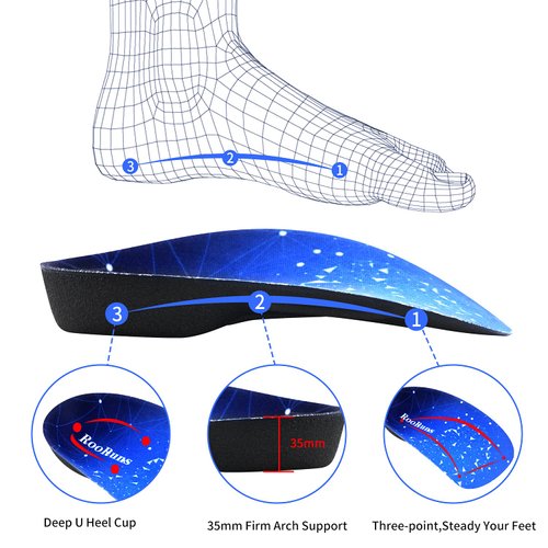 RooRuns Orthotic Inserts 3/4 Length, High Arch Support Foot Insoles for Over-Pronation Plantar Fasciitis Flat Feet Heel Pain Relief Shoe Inserts for Running Sports, M(Men 6.5-8.5/Women 7.5-9.5)