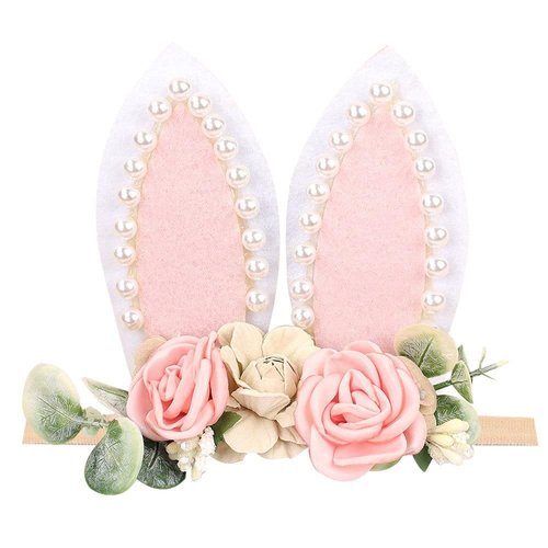 DINPREY Baby Easter Bunny Ears Headband Birthday Pearl Flower Crown Spring Bunny Headband Floral Head Piece for Toddler (Pink Flower)