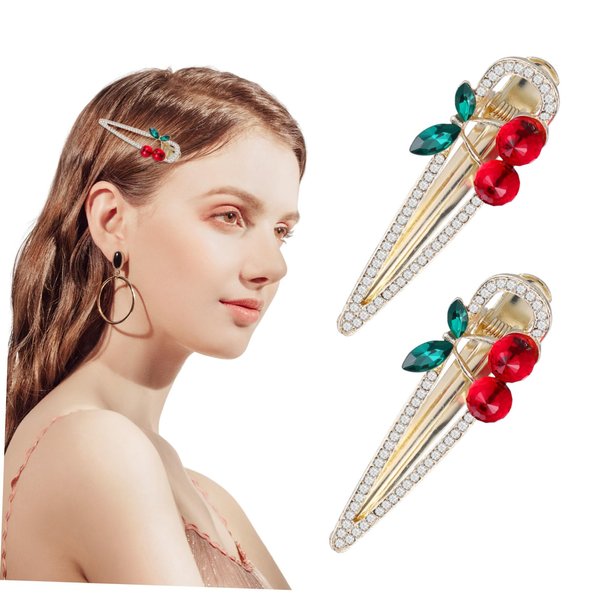 Beatifufu 2pcs Style Hair Barrettes - Rhinestone Embellished Cherry Hair Clips - No Slip Metal Hairpins Women's and ' Hair Decorations Unique Cherry Headband Design