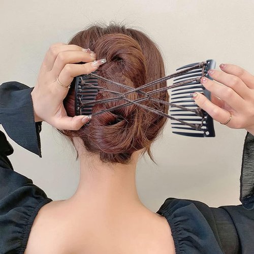 5 Pieces Elastic Magic Hair Comb Stretchy Double Comb Hair Forks Clips for Women Girls Vintage Hairstyle Multipurpose Hair Accessories (Silver,Black,Coffee,Gold,Blue)