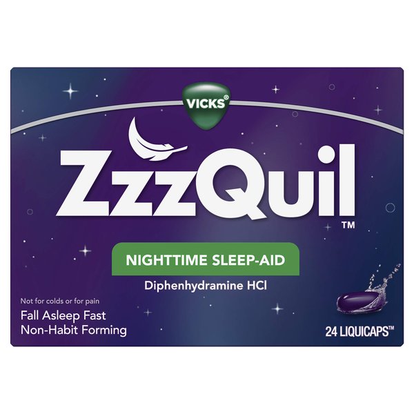 Vicks ZzzQuil, Nighttime Sleep Aid LiquiCaps, 25 mg Diphenhydramine HCl, No.1 Sleep-Aid Brand, Non-Habit Forming, Fall Asleep Fast, 24 Count