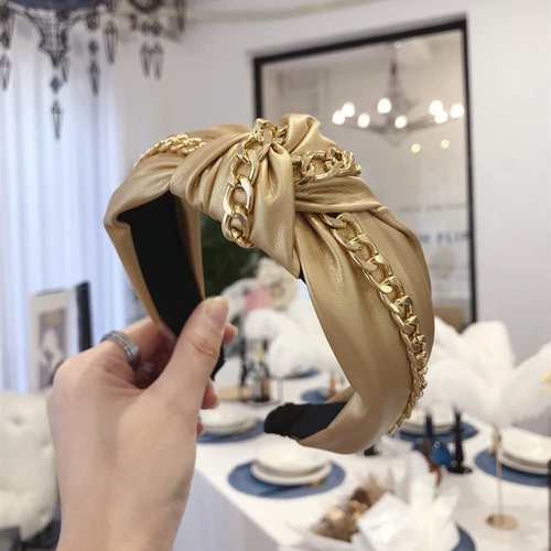 Wiwpar Knotted Headbands for Women Fashion Wide Headband Vintage Knotted Head Band Hair Hoop Hair Accessories with Metal Chain (Gold)