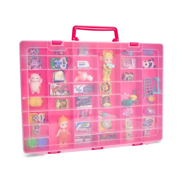 AISLE 3 ESSENTIALS Plastic Toy Storage Case for Mini Toys, Collectibles, Small Candy, Shopkins Toys, Hot Wheels Cars, LOL Dolls, Matchbox Cars, Adjustable Compartments, Adult Collectors (Pink)