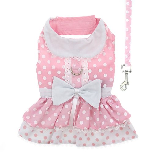 DOGGIE DESIGN Pink Polka Dot and Lace Dog Harness Dress Set (Small)
