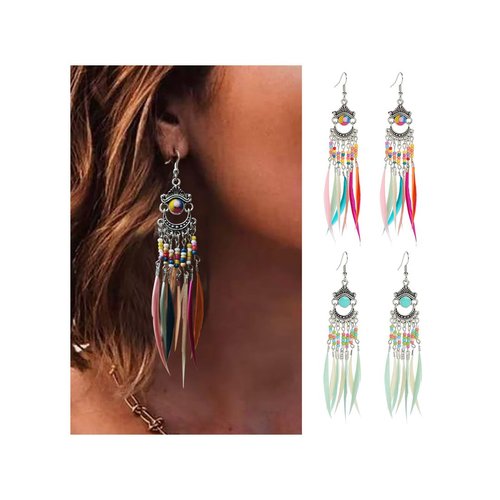 Efdagsad Bohemian Earrings Set Feather Tassel Silver Ethnic Retro Boho Dangle Earring Bead Women Teen Girls Jewelry for Birthday Party Gifts