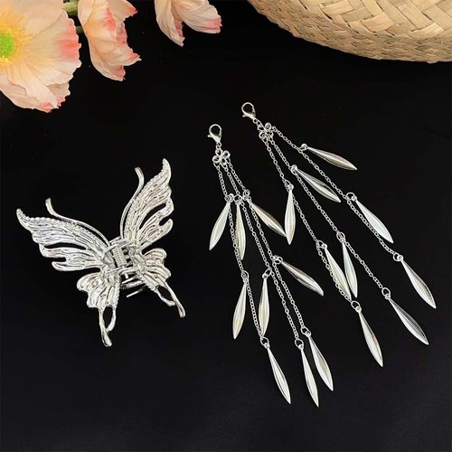 TUCEWP Metal Butterfly Hair Claw Clips Long Tassel Butterfly Hair Clips for Women Girls Silver Hair Clips for Thick Thin Hair Strong Hold Medium Hair Catch Clamps Barrettes Butterfly Hair Accessories