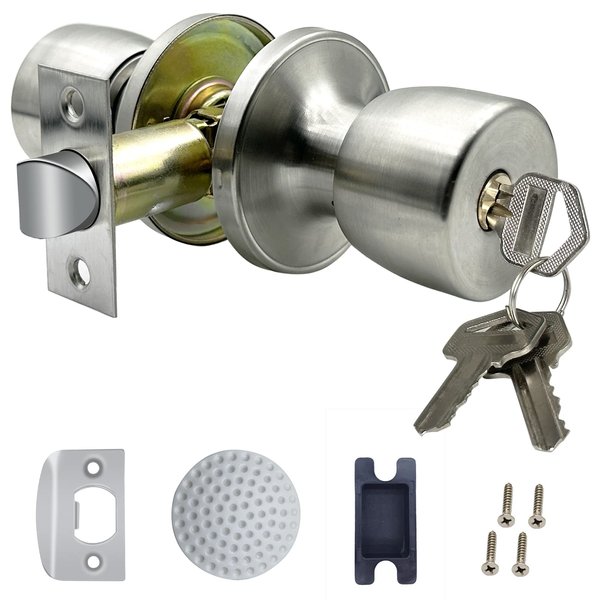 DSJJBLL Satin Nickel Door Knob with Lock and Key Round Ball Lock Interior/Exterior Door Knob for Bedroom Or Bathroom (Stainless 1)
