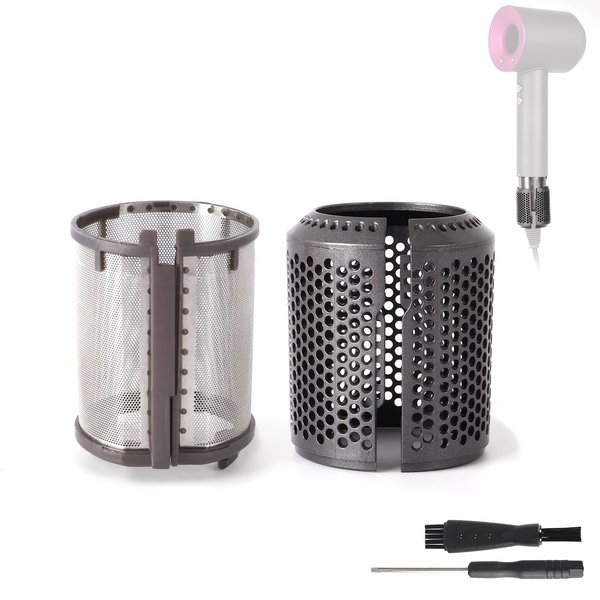 Hair Dryer Inner Filter + Outer Filter Cage Replacement for Dyson Hair Dryer HD01 HD03 HD08 Models, Hair Dryer Filter Mesh Filter Cover Cap Replacement Parts (Metallic Grey)