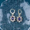 Sttiafay Vintage Crystal Flower Earrings Sapphire Drop Earrings Blue Oval Gem Earrings Gold Rhinestone Huggie Hoop Earrings Jewelry for Women and Girls