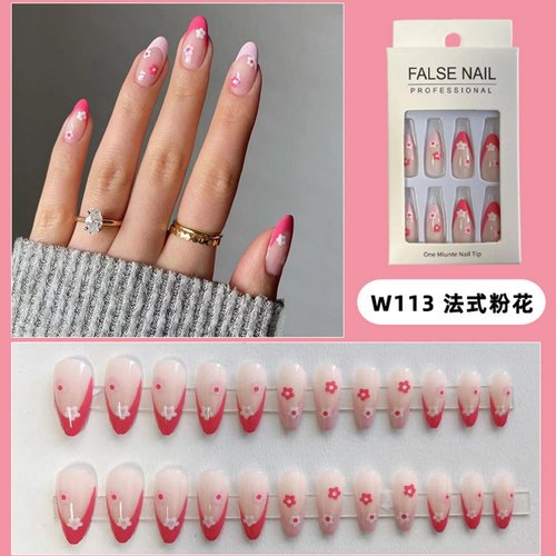 24pcs Press on Nails Almond False Nails Full Cover with Pink White Flower Designs Acrylic Nails Long Pink French Tip Sticks on Nails for Women Girls Summer Nails Supplies Decorations