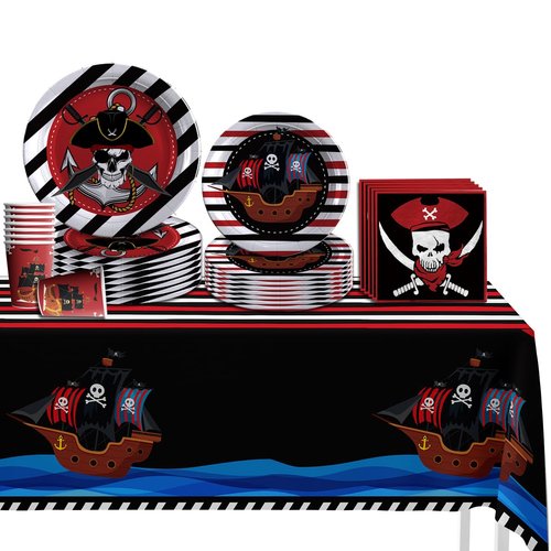 CAILESS Birthday Party Decorations - Pirates Birthday Party Supplies 69cs, Included Pirates Theme Plates Cups Napkins Tablecloth Disposable Serves 10 Guests