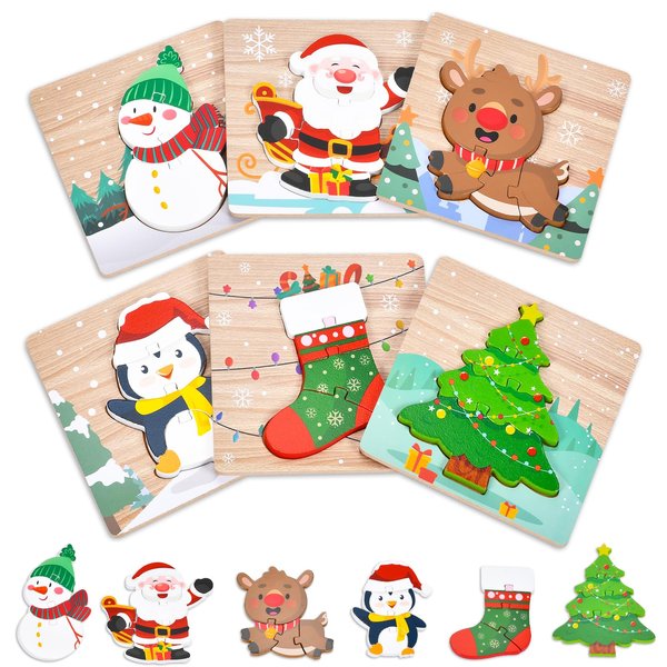 6 Pack Christmas Wooden Puzzles for Kids Christmas Stocking Stuffers for Toddlers 1-3 2-4 Toddler Christmas Toys Party Favors Gifts