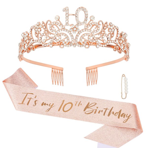 Semato 10th Birthday Decorations for Girls - 10th Birthday Crown and Birthday Glitter Sash Kit for Girls 10th Birthday Gifts for Girls Birthday Party Supplies and Favors