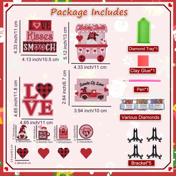 12 Pieces Valentine's Day Diamond Painting Tiered Tray Decor Set Wooden DIY Valentine Diamond Art Table Decor Heart Diamond Painting for Beginners Adults Kids Art Craft Supplies Gift