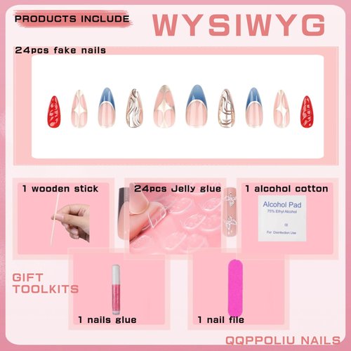 QQPPOLIU Medium Press on Nails Almond Multi Color Press on Nails Chrome 3d Nails Press Ons French Tip Fake Nails Hot Girls Acrylic Glue on Nails Gift for Women and Girls