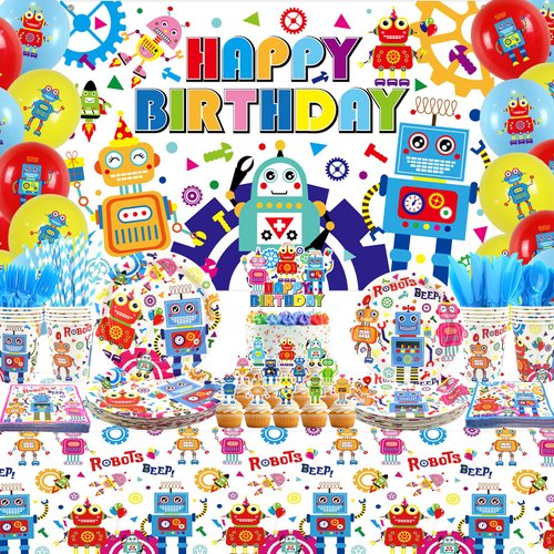 Robot Birthday Party Decorations, Robot Happy Birthday Backdrop, Cake Toppers, Tableware, Tablecloth and Balloons, Robot Theme Party Supplies for Boys Girls Kids Baby Shower, Serves 20
