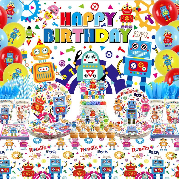 Robot Birthday Party Decorations, Robot Happy Birthday Backdrop, Cake Toppers, Tableware, Tablecloth and Balloons, Robot Theme Party Supplies for Boys Girls Kids Baby Shower, Serves 20