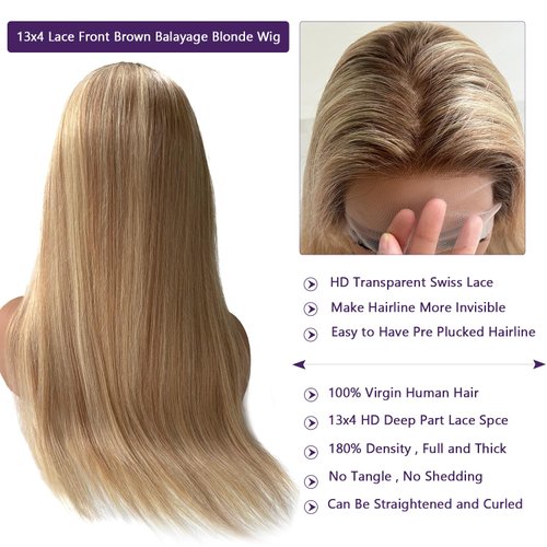 Ombre Balayage Blonde Wig Human Hair Lace Front Wigs 13x4 HD Glueless Wigs Human Hair Pre Plucked Lace Front Wigs Human Hair 180% Density Brown to Blonde Highlights Human Hair Lace Front Wig 28 Inch