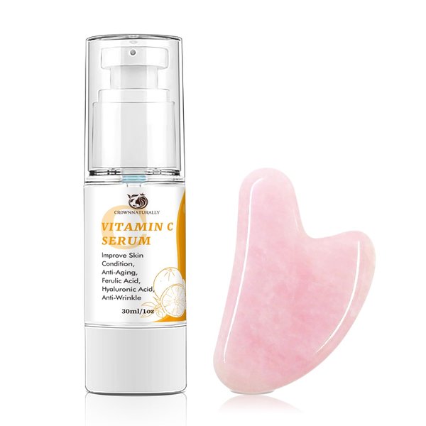 Crownnaturally Skin Care Vitamin C Face Serum 1.05oz and Gua sha Facial Tool for Face with Hyaluronic Acid,Hydrolyzed Collagen and Aloe Leaf Extract, Anti-Aging Face Serum for Wrinkles & Dark Spot