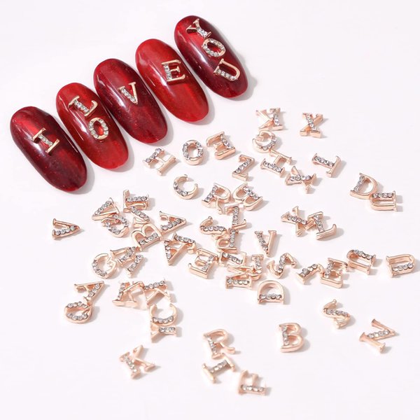 Vezocim 26pcs Letters Nail Art Decorations, Rose Gold Alloy Alphabet Nail Glitter Design for Women Manicure Decoration, DIY Jewelry Making Craft Supplies