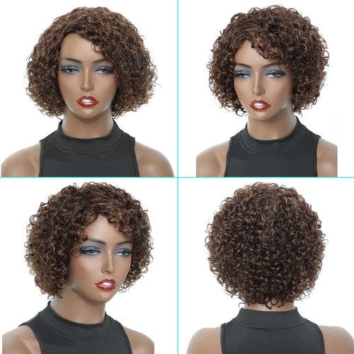 UDU Short Curly Human Hair Wigs For Black Women Glueless Wigs Human Hair Short Curly Wigs with Bangs Highlighted Brown Mixed Color Non Lace Glueless Wigs Piano Colored Wigs Side Part Wigs (P 4/30)