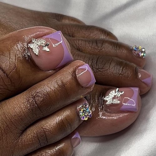 5D Purple French Tip Toe Nail Press Ons Rhinestone Press on Toenails with Butterfly Charms Purple Fake Toenails Glitter False Nails Press on Bow Press on Nails Full Cover Acrylic for Women Girl 24Pcs