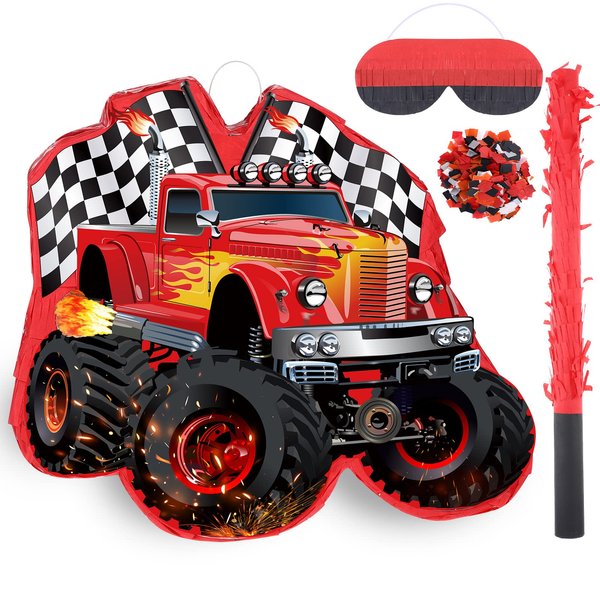 Truck Pinata Decoration of Monster Pattern Small Car Pinata with Blindfold, Bat and Confetti Filler for Birthday Mexican Party Decorations, Boys Girls Carnival Events Fiesta Party Supplies