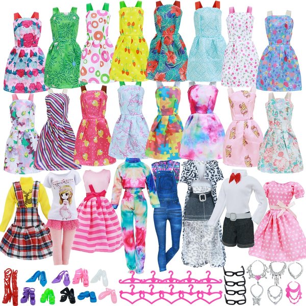 43Pcs Doll Clothes and Accessories Pack Including 10 Mini Dresses 3 Handmade Fashion Clothing Outfits Sets 10 Shoes 20 Cute Doll Accessories for 11.5 inch Girl Doll