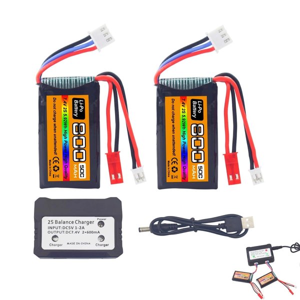 sea jump 2PCS 7.4V LiPo 2S 50C 800mAh with JST and PH2.0 Plug with 2in1 Charger for SCX24 RC Car Battery, Compatible with Most 1/10, 1/16, 1/18, 1/24 Scale RC Car, Truck and RC Drone Batteries