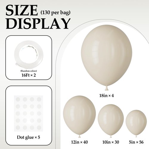 DECOCKRAT 130PCS SandWhite Balloons, Latex Balloon Different Sizes 18/12/10/5 Inch, Helium Balloons with Ribbon, Party Balloon Set for Birthday Wedding Graduation Anniversary Baby Shower Decoration