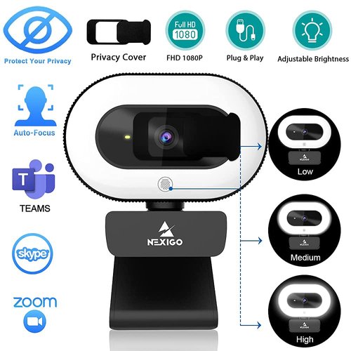 NexiGo StreamCam N930E with Software, 1080P Webcam with Ring Light and Privacy Cover, Auto-Focus, Plug and Play, Web Camera for Online Learning, Zoom Meeting Skype Teams, PC Mac Laptop Desktop