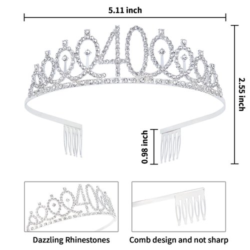 YARIEW 40th Birthday Party Set Silver Crown & 40 & Fabulous Birthday Sash with Pearl Pin, Women's Birthday Gifts, 1 Count
