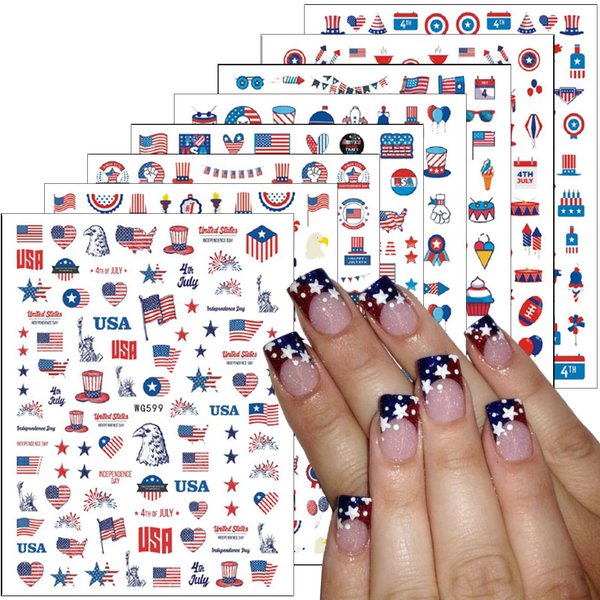 8 Sheets 4th of July Nail Art Stickers 3D Self-Adhesive Independence Day Nail Decals USA Flag Patriotic Nail Stickers Stars Stripes Eagle Nail Design Memorial Day Nail Supplies for Women Nail Decor