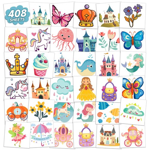 EMOME 408 Sheets Individually Wrapped Tattoos for Kids, Kids Tattoos Temporary Sticker Waterproof, Mixed Styles Fake Tattoos for kids Girls Party Favors Supplies Activities Games