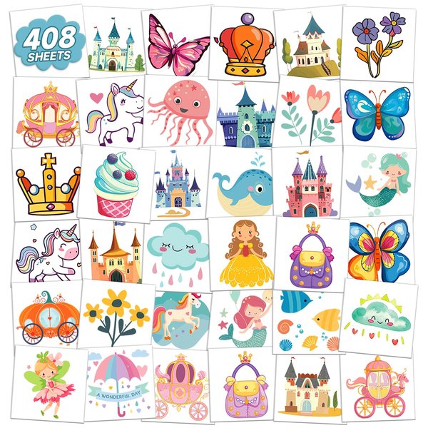 EMOME 408 Sheets Individually Wrapped Tattoos for Kids, Kids Tattoos Temporary Sticker Waterproof, Mixed Styles Fake Tattoos for kids Girls Party Favors Supplies Activities Games