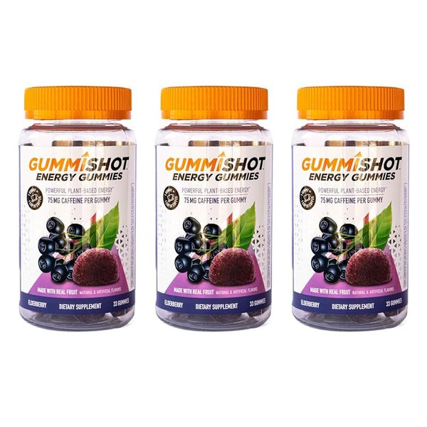 GummiShot Energy Gummies, 2475mg of Plant-Based Caffeine Chews per Bottle, Long Lasting Energy Boosters, Elderberry (33ct), Pack of 3