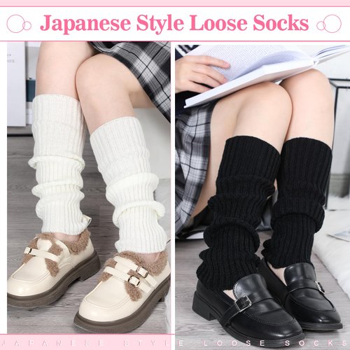 Ramede 4 Pairs Kawaii Leg Warmers Loose Knitted Leg Warmers Wool Ball Cute Leg Warmers for Girls Women Lolita Costume School (Stripes)