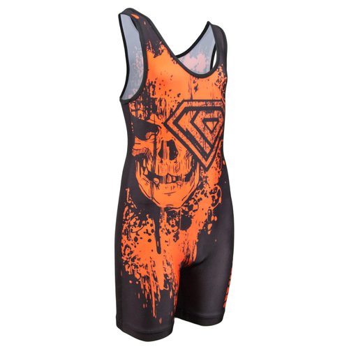 KO Sports Gear - Unisex Wrestling Singlet (Orange Skull, Adult X-Small)