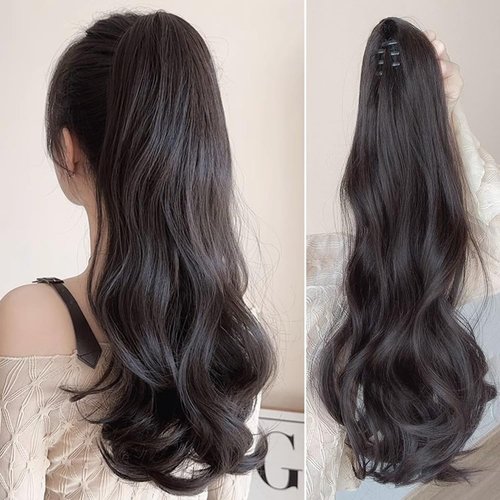 Anbuwei Claw Clip Ponytail Extension Synthetic Curly Wavy Clip in Hair Pieces 18 Inch Long Pony Tails Hair Extensions for Women (Natural Black)