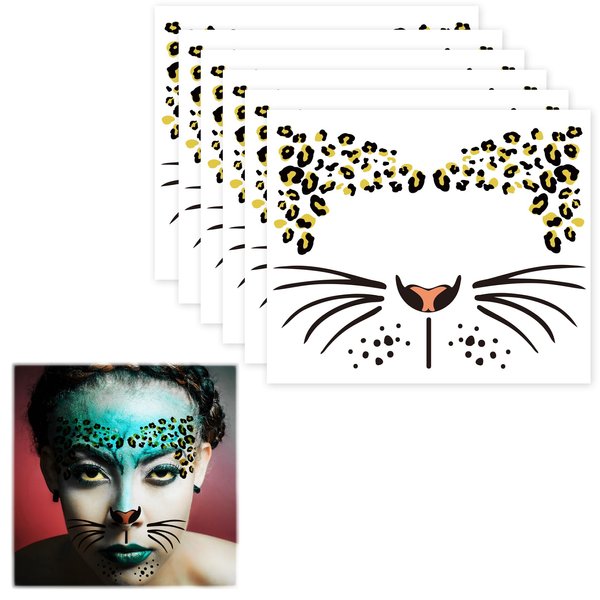Leopard Face Tattoos - 6 Sheets Temporary Tattoo Kit for Halloween Costume, Men, Women, Kids - Body Decal Set for Parties