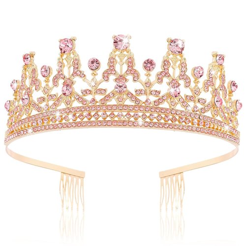 FASOTY Gold Tiara Pink Crystal Crown with Combs Elegant Princess Tiaras and Crowns for Women Girls Rhinestone Headband for Bride Bridal Wedding Birthday Party Prom