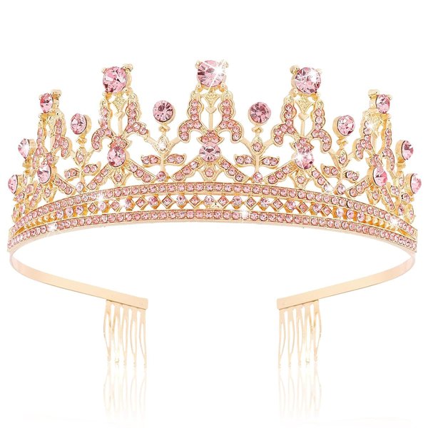 FASOTY Gold Tiara Pink Crystal Crown with Combs Elegant Princess Tiaras and Crowns for Women Girls Rhinestone Headband for Bride Bridal Wedding Birthday Party Prom