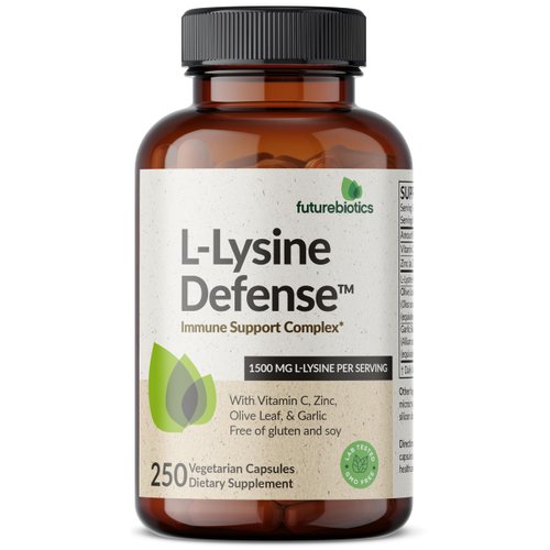 Futurebiotics L-Lysine Defense Immune Support Complex 1500 MG Per Serving with Vitamin C, Zinc, Olive Leaf & Garlic - Non-GMO, 250 Vegetarian Capsules