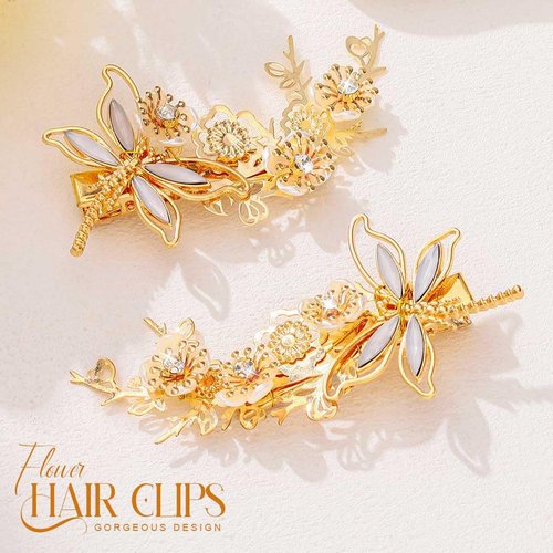Yean Gold Dragonfly Wedding Hair Clip Flower Hair Barrettes Pins Bridal Hair Accessories for Women and Girls （Pack of 2）