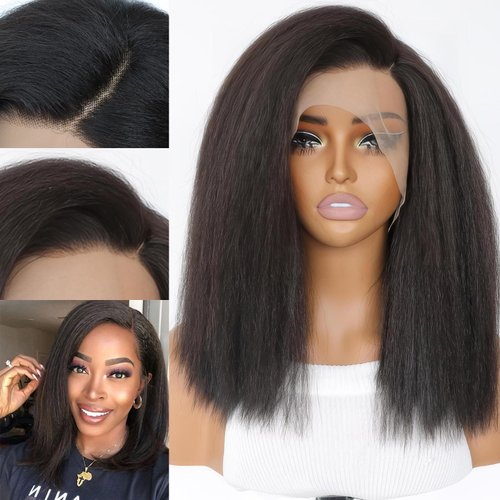 MACA BAKA 14 Inch Short Kinky Straight Lace Front Wig 180 Density Glueless Natural Black Afro Yaki Straight Synthetic Lace Front Wigs for Black Women Pre Plucked 5 Inch Side Deep Parting