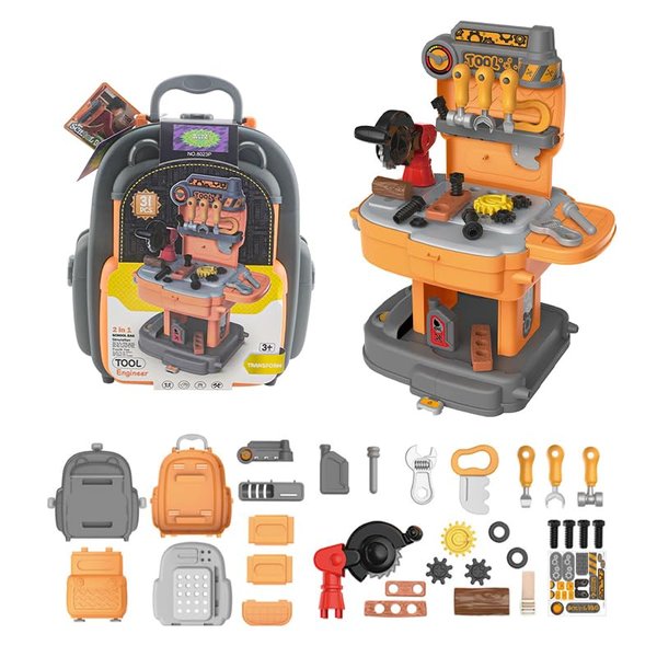 Busy Box Toy Tool Kit for Kids, Pretend Work Bench Set for Boys & Girls, 31 Accessories Mobile Backpack, Kids Tool Kit for Toddlers 3-5 Years Old (Tool Bench Playset)
