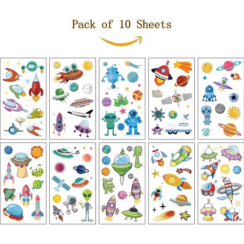 SIX VANKA (Pack of 10 Sheets) UFO ET Spacecraft Waterproof Temporary Tattoo Stickers for Kids Boys and Girls, Party Favors Decorations