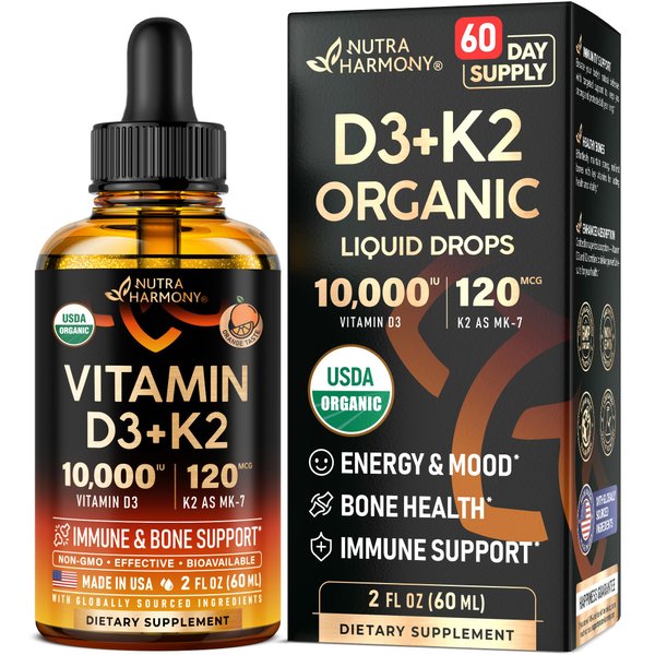 Vitamin D3 K2 USDA Organic Drops - Vitamin D3 10000 IU & K2 as MK-7 120mcg - Immune & Mood Support, Bone & Teeth Health - Sugar-Free Orange Flavor - Liquid Supplement - Made in USA - 2 FL OZ, 60 Days