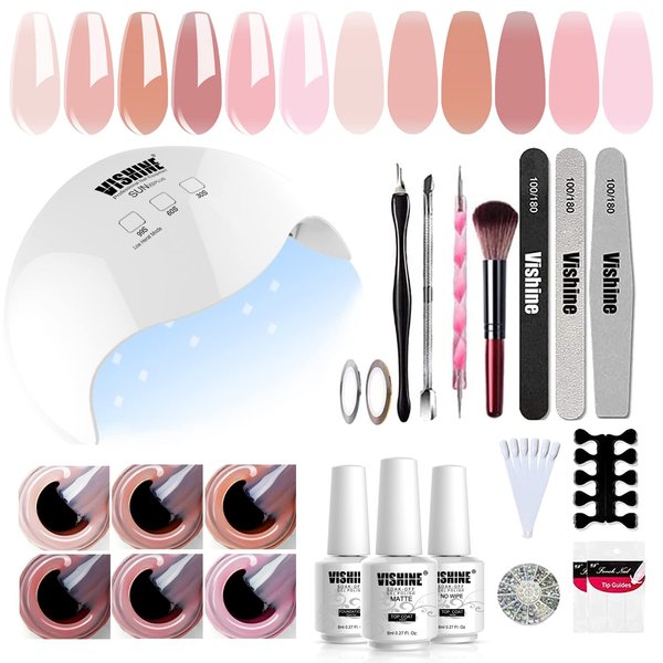 Vishine UV LED Nail Lamp Gel Nail Kit, Upgraded 40W Gel Nail Polish LED UV Light 6 Jelly Translucent Dude Neutral Colors Gel Base Top Coat Professional Nail Art Tools Accessories C088